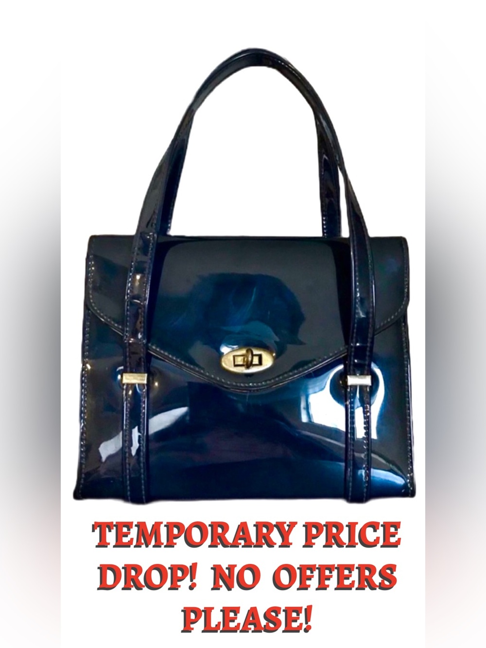 NAVY BLUE PVC VINTAGE 1960'S TOP HANDLE SATCHEL HAND BAG